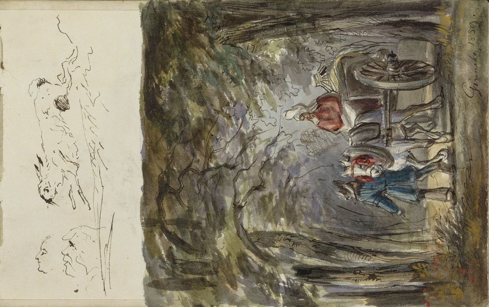 Man en vrouw met paard en wagen in een bos (1839) by Johannes Tavenraat