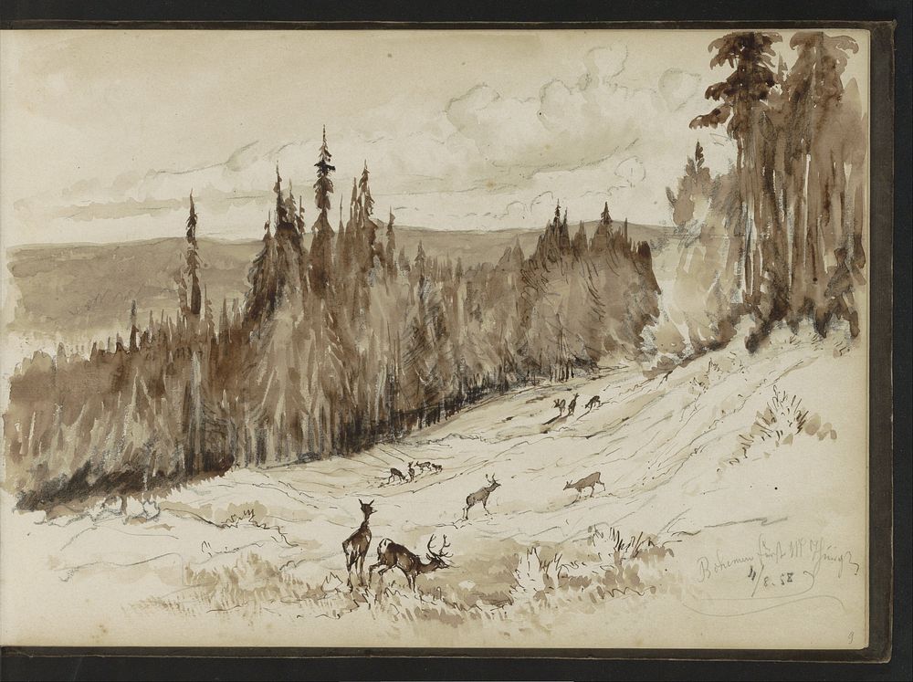 Berglandschap met herten in Bohemen (1858) by Johannes Tavenraat