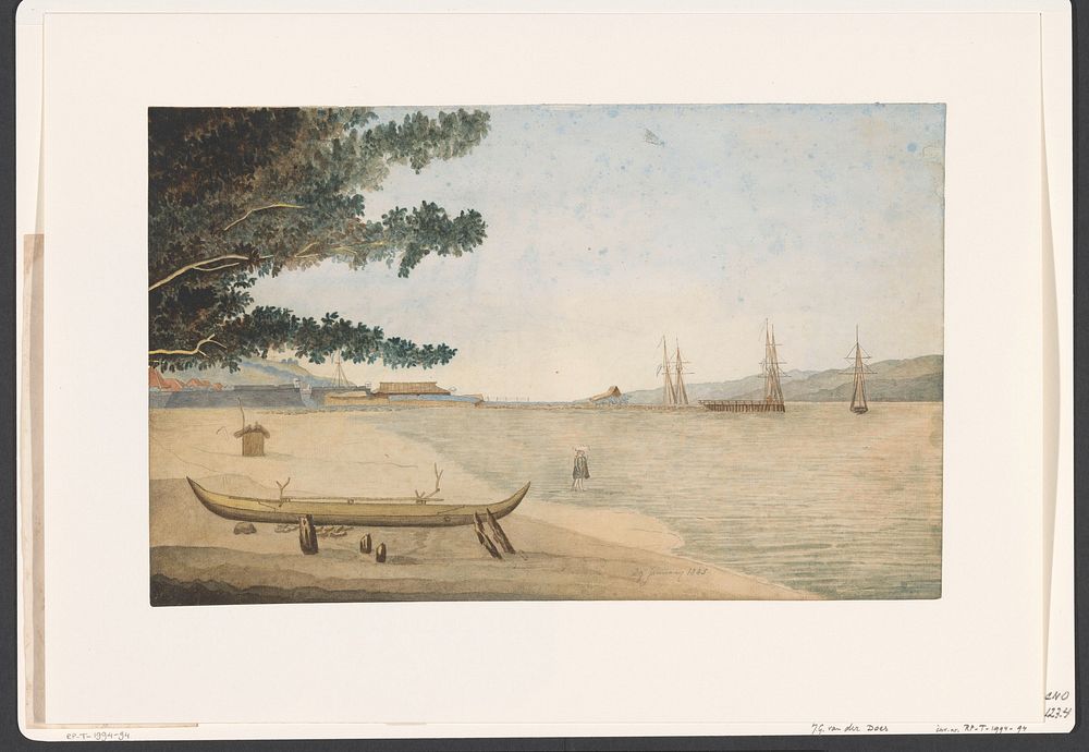 Gezicht op een Nederlandse nederzetting met fort en haven in Indonesië (1845) by J G van der Does