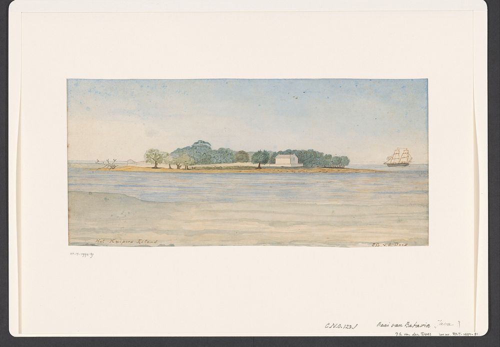 Gezicht op het eiland Kuiper in de baai van Batavia (1843 - 1845) by J G van der Does