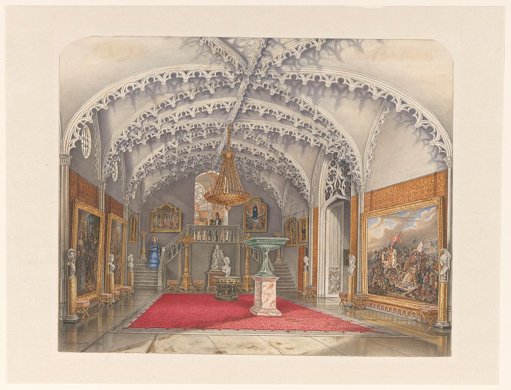 Marmeren voorhal bij de Gotische Zaal, paleis Kneuterdijk, Den Haag (1850) by Augustus Wijnantz