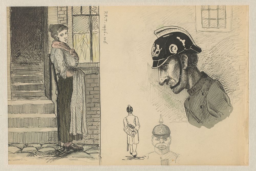 Vrouw voor een huis en drie voorstellingen van een politieagent (1893 - 1928) by Ernst Maximilian Büttinghausen
