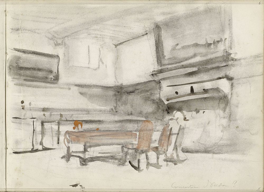 Interieur met een tafel en een schilderij boven een schouw (1827 - 1891) by Johannes Bosboom
