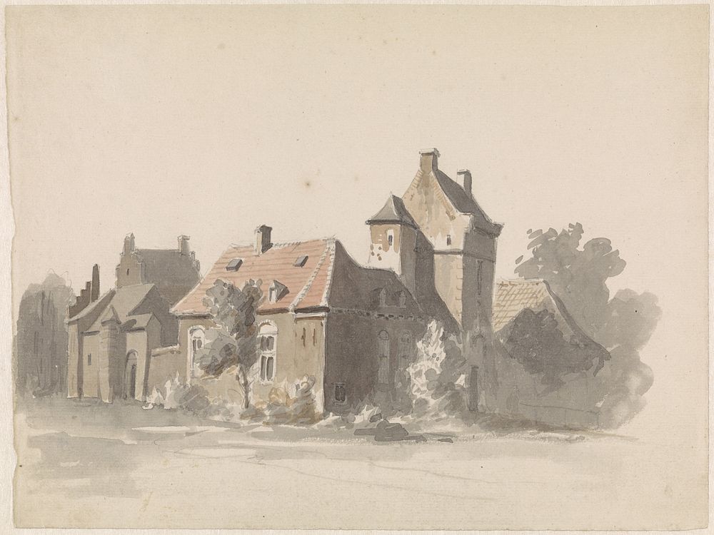 Gezicht op een groep huizen met stadspoortje(?) (1828 - 1897) by Adrianus Eversen