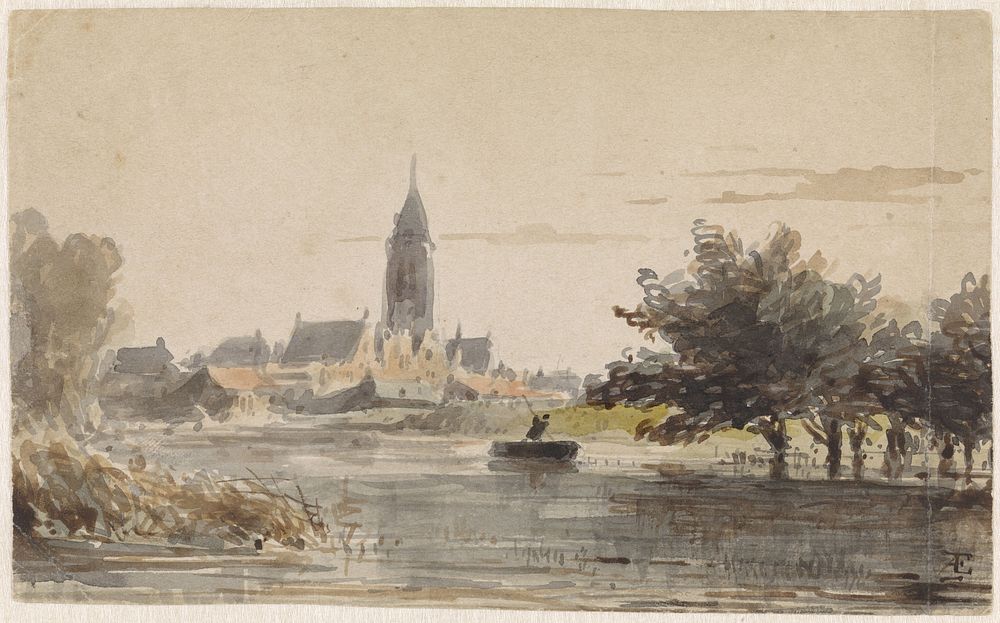 Gezicht op een stadje, gezien van over een rivier (1828 - 1897) by Adrianus Eversen