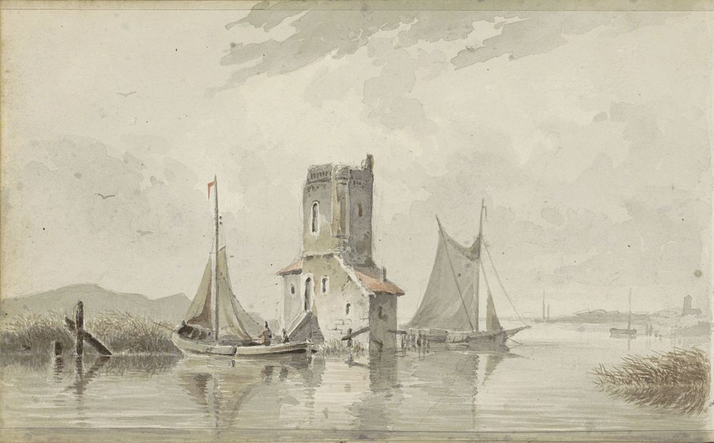 Rivierlandschap met een toren (c. 1828 - 1897) by Adrianus Eversen