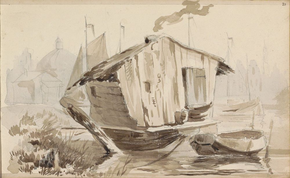 Gezicht op een boothuis (c. 1828 - 1897) by Adrianus Eversen
