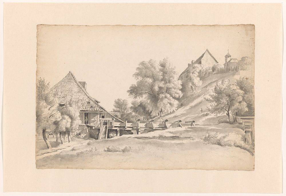 Landschap met een watermolen en een kerkje (1807 - 1861) by Cornelis Steffelaar