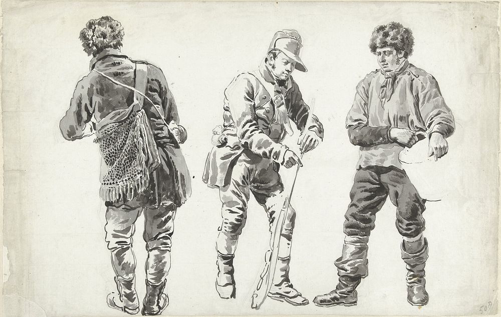 Studieblad met een jager (?) op de rug gezien, een soldaat en een visser (1787 - 1849) by Leendert de Koningh