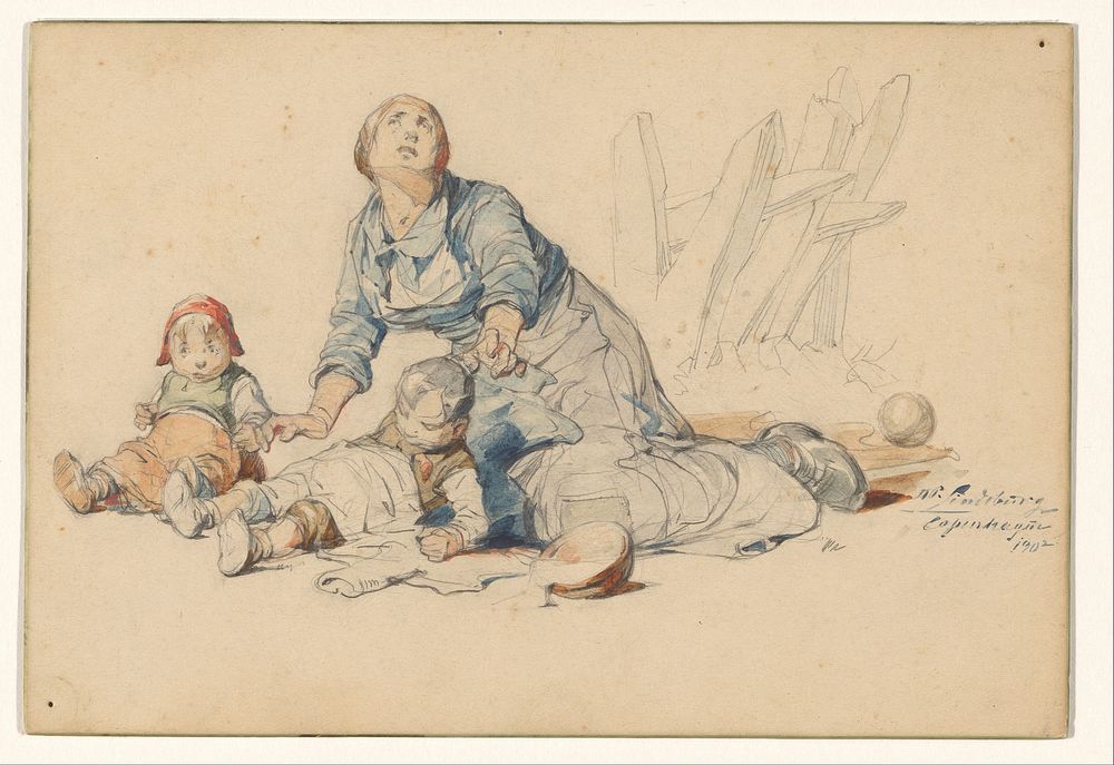 Vrouw met twee zieke of uitgehongerde kinderen (1902) by Hans Peter Lindeburg
