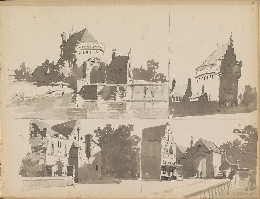Studieblad met gebouwen (c. 1828 - 1897) by Adrianus Eversen