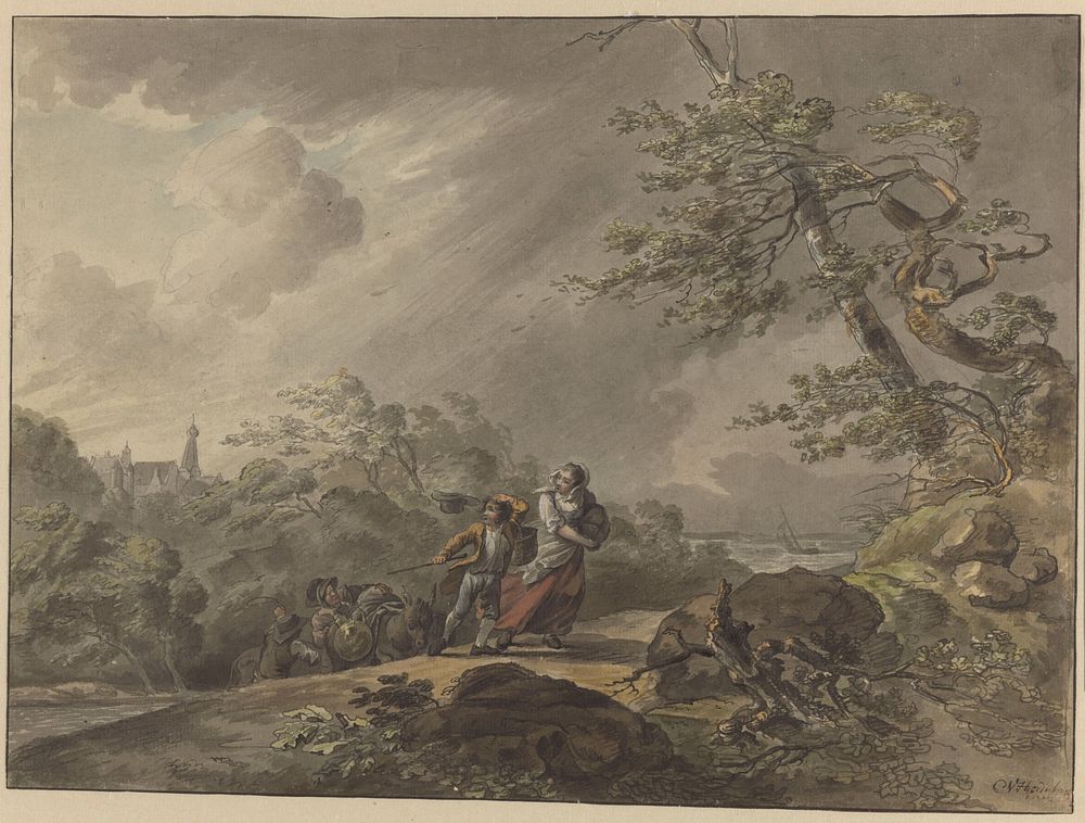 Reizigers overvallen door een storm bij Kasteel Doorwerth (1765 - 1843) by Cornelis van Hardenbergh