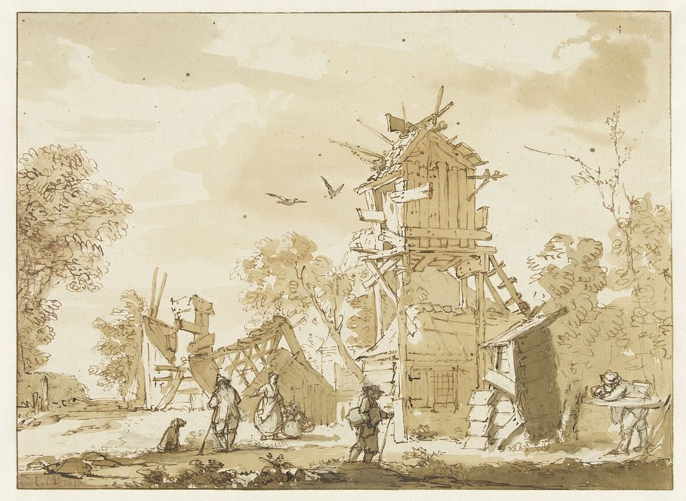 Figuren bij een vervallen boerderij (after c. 1750 - 1808) by Bartholomeus Barbiers, anonymous and Emanuel Murant