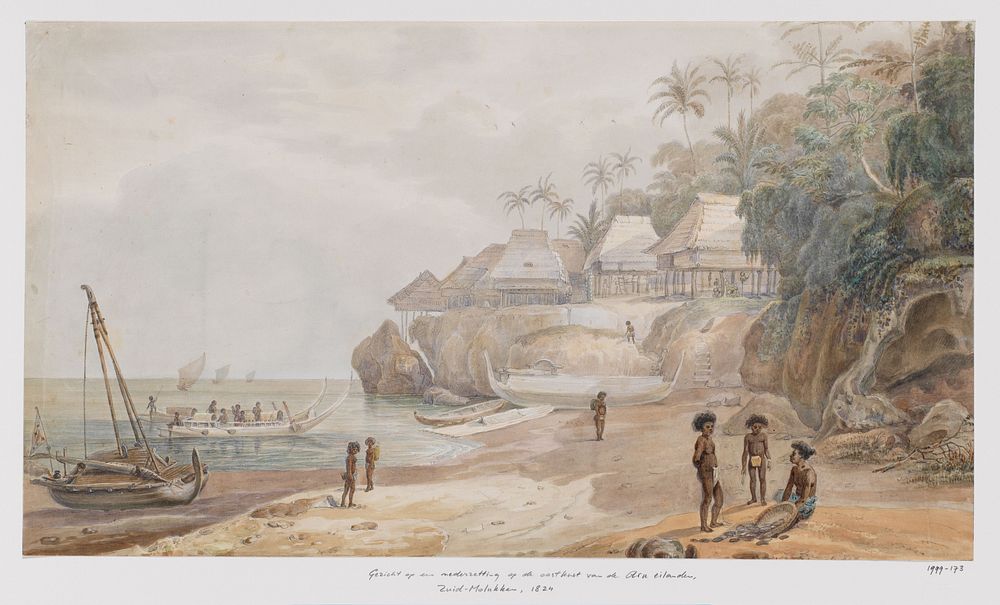 Gezicht op een nederzetting van de oostkust van Workai, Aru-eilanden, Zuidoost-Molukken (1824) by Adrianus Johannes Bik