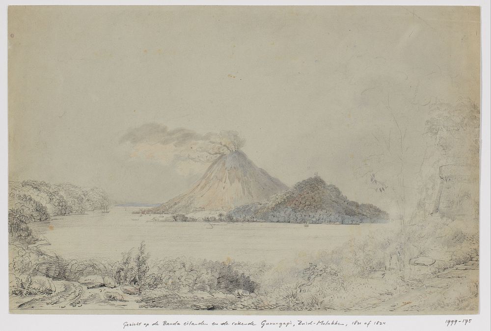 Gezicht vanuit Lontar op Banda Neira en rokende Gunungapi, Banda-eilanden, Centraal-Molukken (1821) by Adrianus Johannes Bik