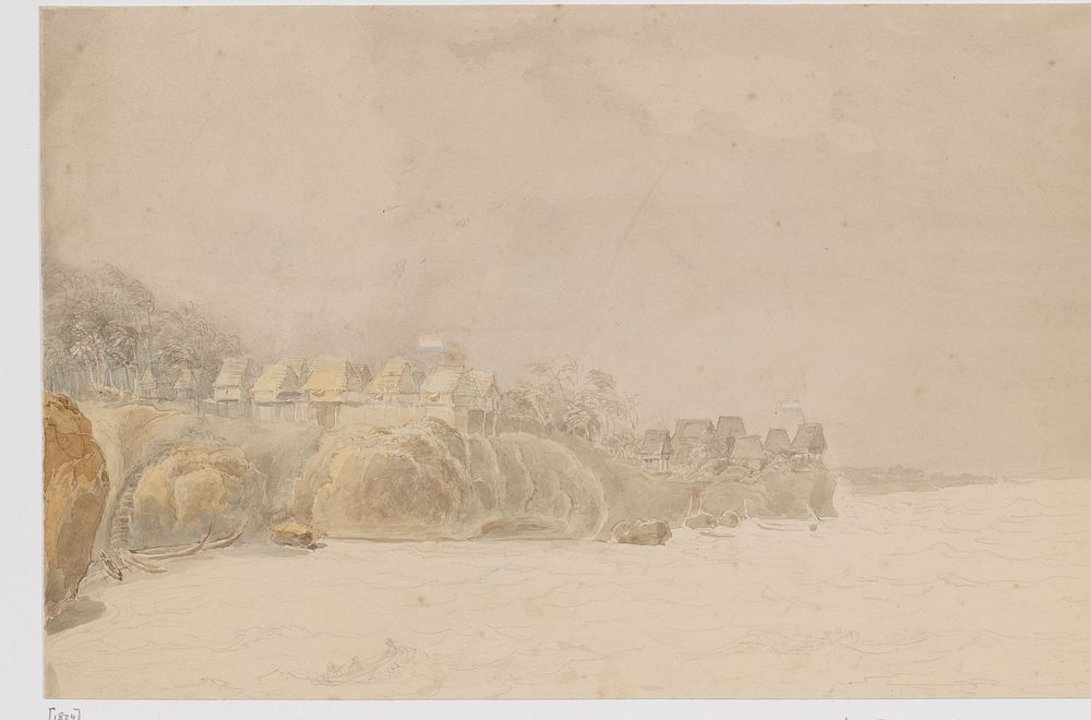 Gezicht op een nederzetting langs de kust van een van de Aru eilanden, vanuit de zee gezien, Zuidoost-Molukken (1824) by…