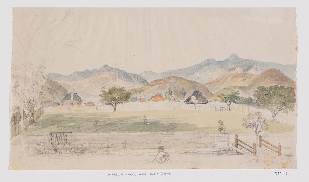 Landschap en gezicht op huizen en dorpsplein, West-Java (c. 1816 - c. 1846) by Adrianus Johannes Bik
