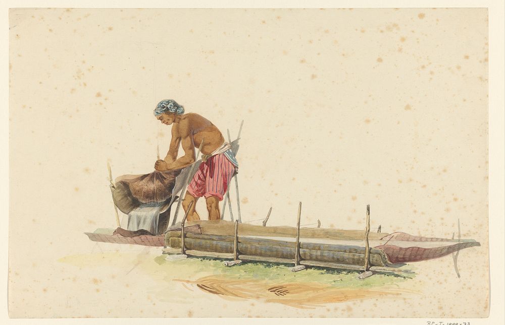 Man bezig het merg van de sagopalm tot meel te bewerken (c. 1837 - c. 1854) by Ernest Alfred Hardouin