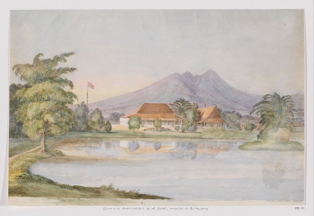 Gezicht op een huis met een Nederlandse vlag en vijver tegen een berg, West-Java (c. 1816 - c. 1846) by Adrianus Johannes Bik