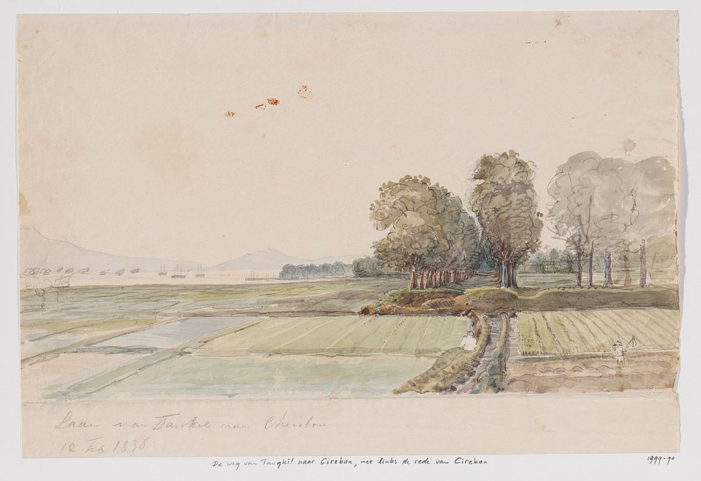 Landschap met weg van Tangkil naar Cirebon en uitzicht op de rede (ankerplaats) van Cirebon, West-Java (1836) by Adrianus…