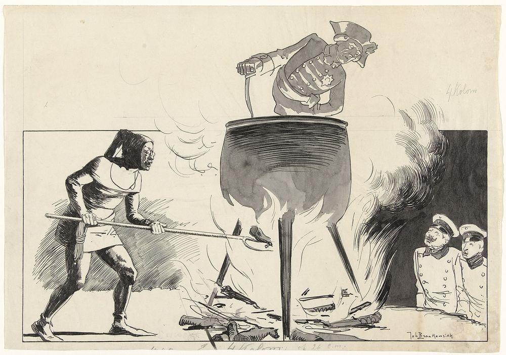 Ontwerp voor illustratie in De Amsterdammer: een man in een ketel met stoker en toekijkers (1 Juni 1918) (1918) by Johan…