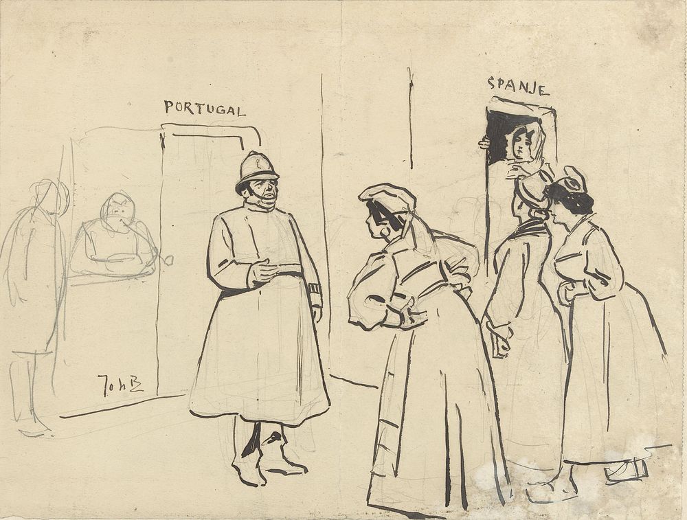 Ontwerp voor illustratie in De Amsterdammer: vier vrouwen voor een deur (Portugal) bewaakt door een agent (1 December 1907)…