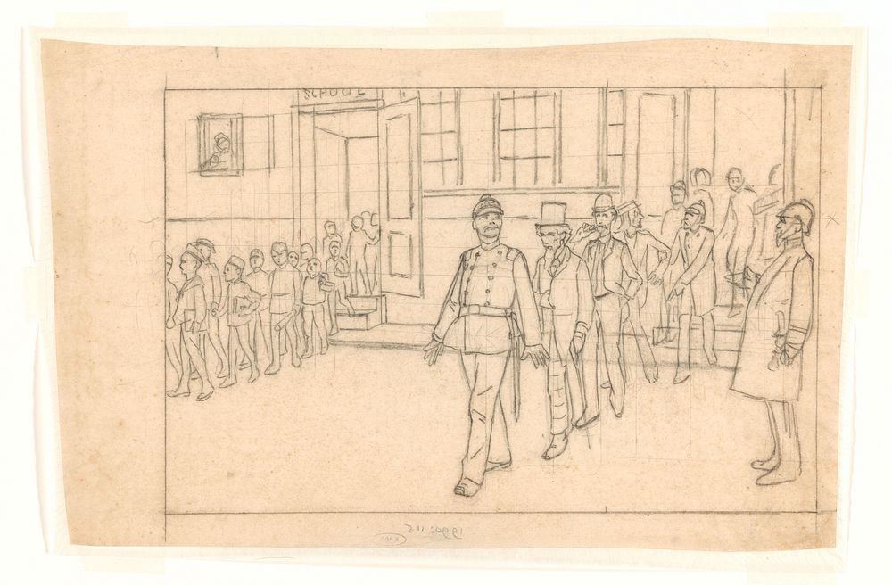 Ontwerp voor illustratie in De Amsterdammer: Uit een school komen zowel jongens als volwassenen (26 Juli 1896) (1896) by…