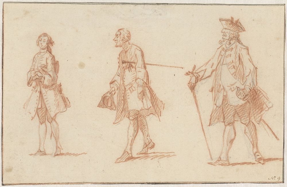 Drie mannelijke figuren, twee met stok en steek (1706 - 1750) by Cornelis Troost