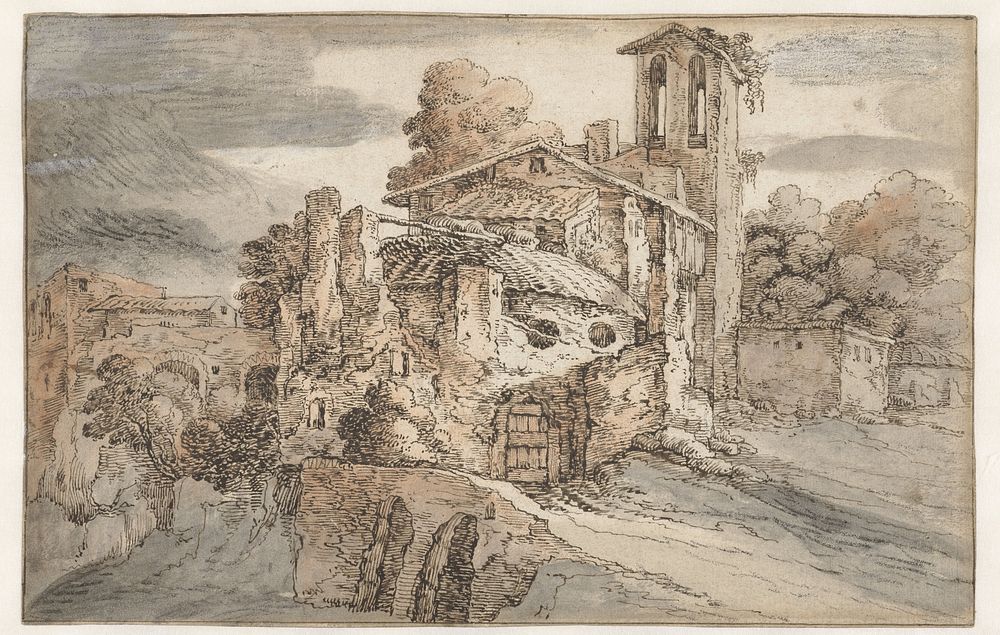 Kerk en antieke ruïnes in Italië (c. 1606 - c. 1674) by Leonaert Bramer