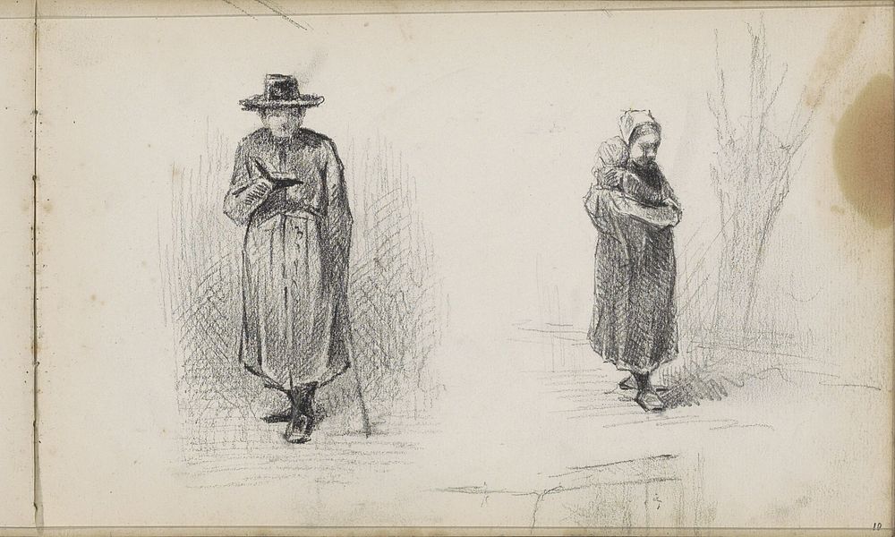 Lezende vrouw met wandelstok en een vrouw met een kind op de arm (1876 - 1877) by Willem Cornelis Rip