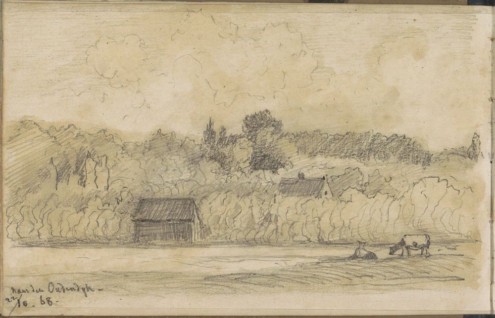 Grazend vee en huizen aan de Oudedijk in Kralingen (1868) by Johannes Tavenraat