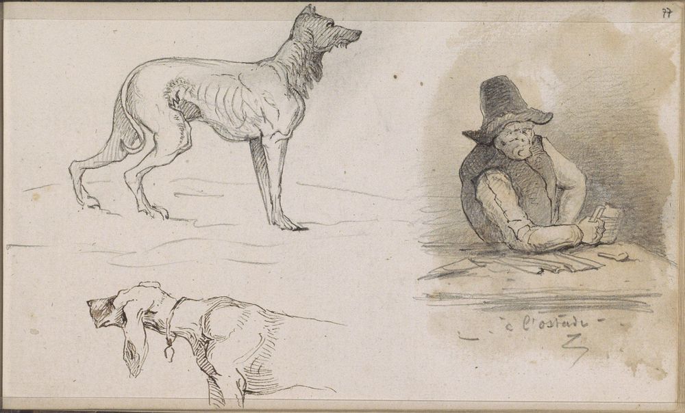 Honden en een man leunend op een tafel met een kroes in de hand (1864 - 1880) by Johannes Tavenraat and Adriaen van Ostade