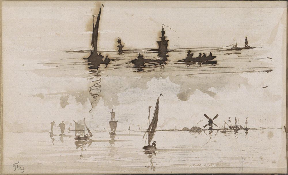 Riviergezichten met molens en zeilschepen (1864 - 1880) by Johannes Tavenraat