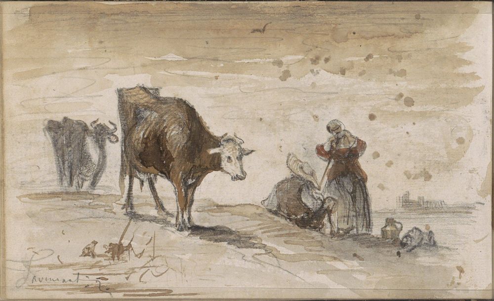 Koeien en figuren op een heuvel (1864 - 1880) by Johannes Tavenraat