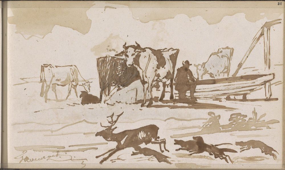 Weiland met koeien en een boer bij een trog (1864 - 1880) by Johannes Tavenraat
