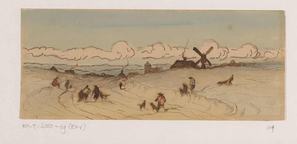 Landschap in de duinstreek met jagers en honden (1840 - 1870) by Johannes Tavenraat
