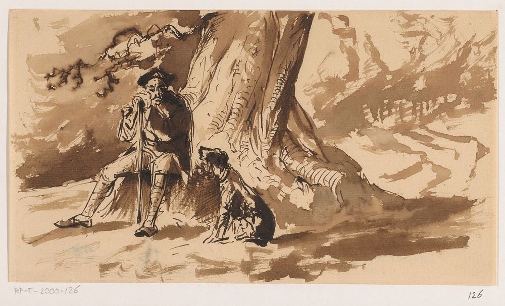 Rustende jager met zijn hond bij een grote boom (1840 - 1870) by Johannes Tavenraat