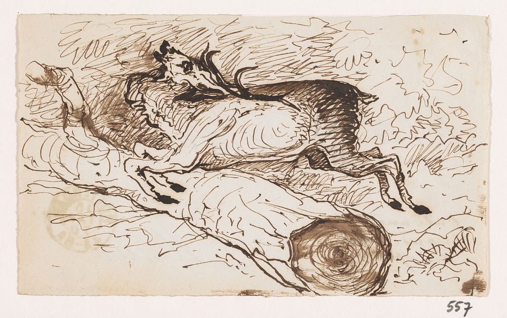 Hert geschoten springend over boomstam (1870) by Johannes Tavenraat
