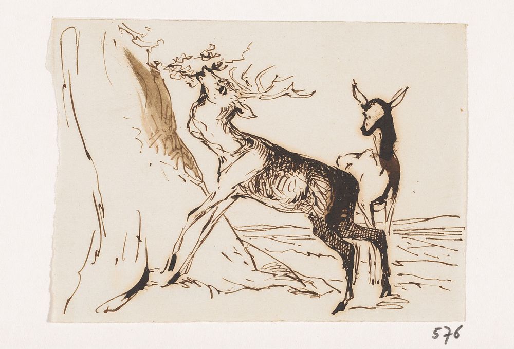 Twee herten bij een boom (1840 - 1880) by Johannes Tavenraat