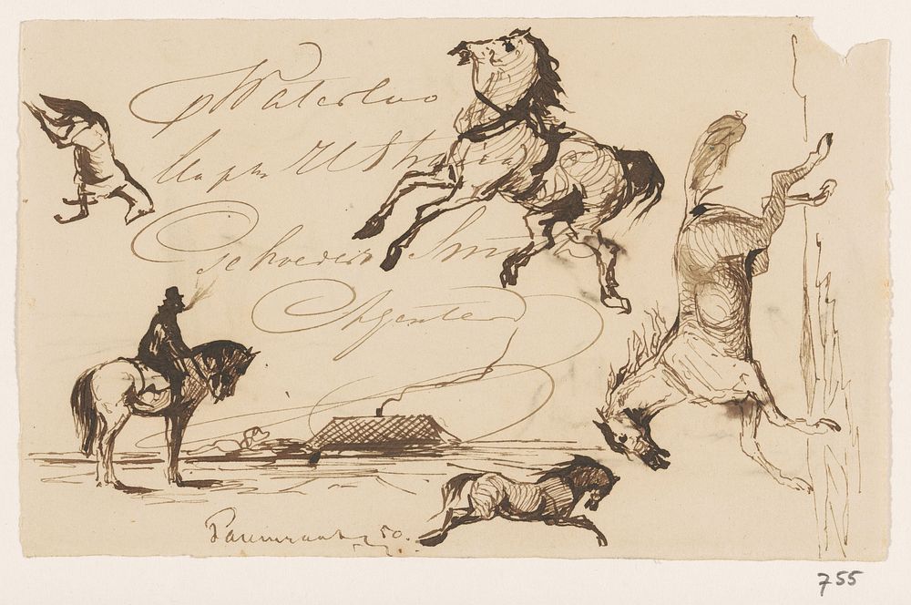Schetsen van paarden, ruiter en landschap met boerderij (1840 - 1880) by Johannes Tavenraat