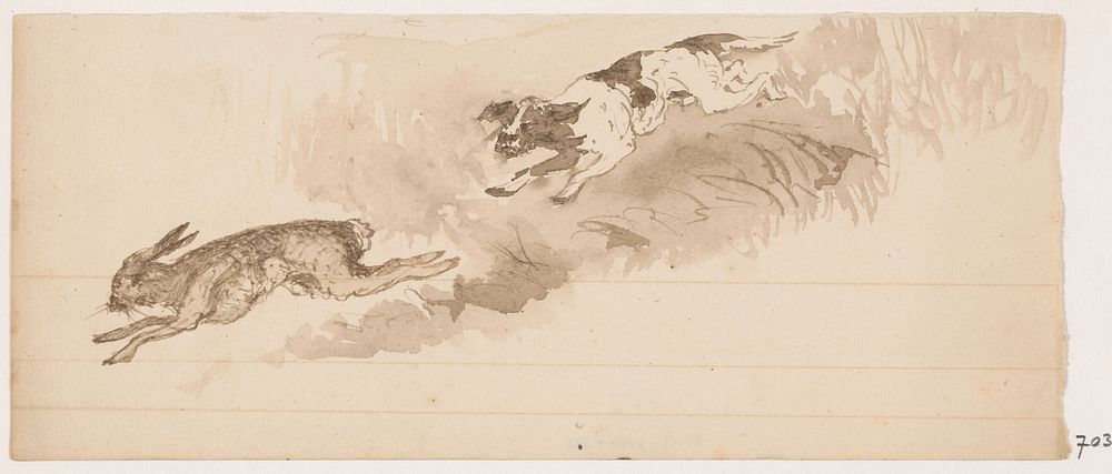 Jachthond in achtervolging op een haas (1840 - 1880) by Johannes Tavenraat