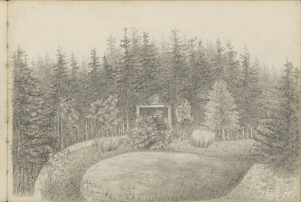 Landschap met een pad en bomen rond een vijver (1839) by anonymous