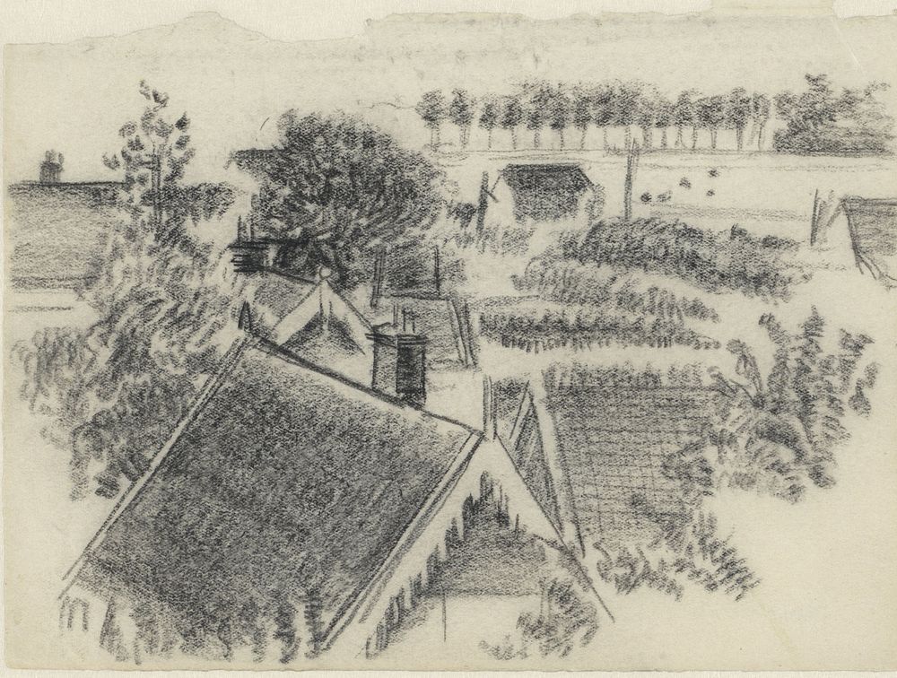 Landschap met huizen en een bomenrij (1913 - 1945) by Henk Henriët