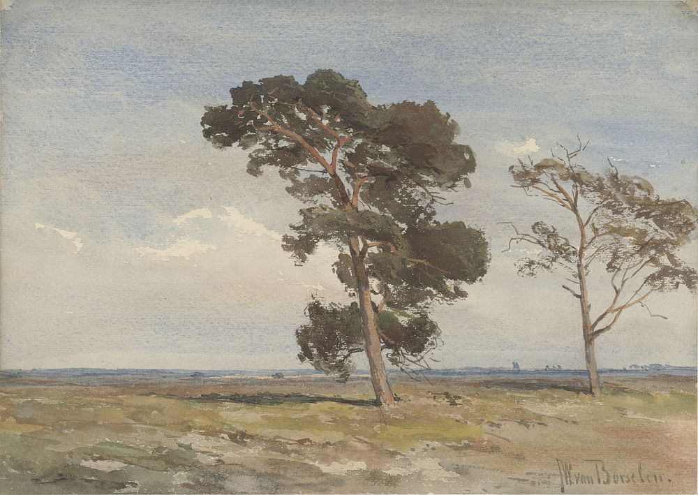 Gezicht op de heide met twee bomen (c. 1835 - 1892) by Jan Willem van Borselen