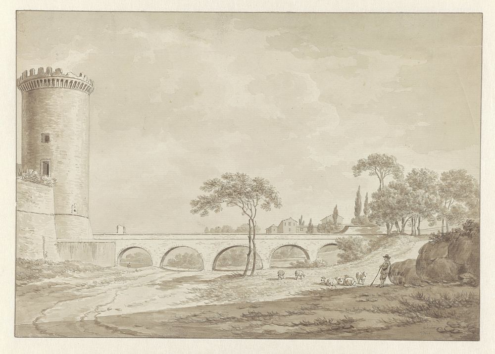 Kerk en klooster van de Capucijner monniken in Tivoli; op de voorgrond een brug en een toren (1761 - 1817) by Daniël Dupré