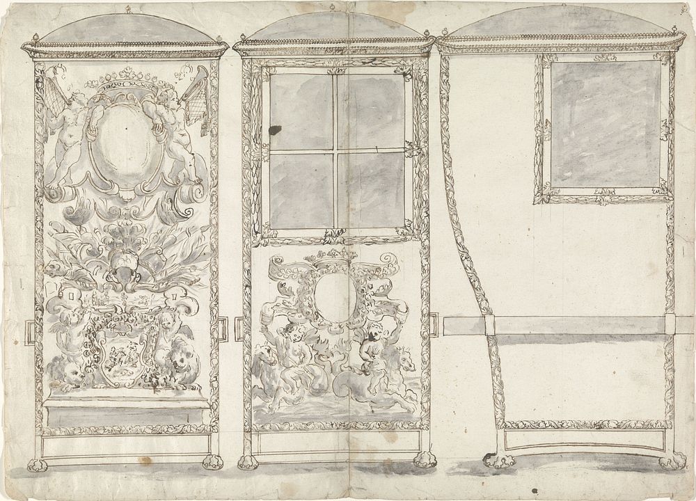 Design for a Sedan Chair, Viewed from the Back, the Front and the Right SIde (c. 1650 - c. 1700) by anonymous