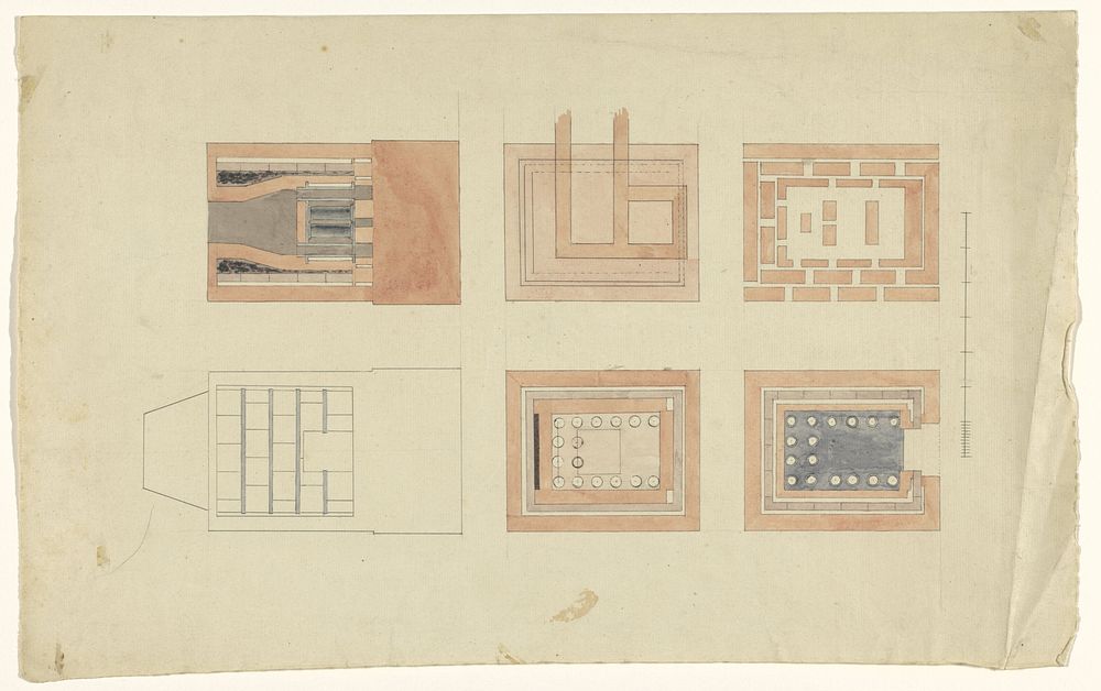 Aanzicht, doorsnedes en plattegronden van een oven (c. 1835 - c. 1860) by Franz Jakob Kreuter