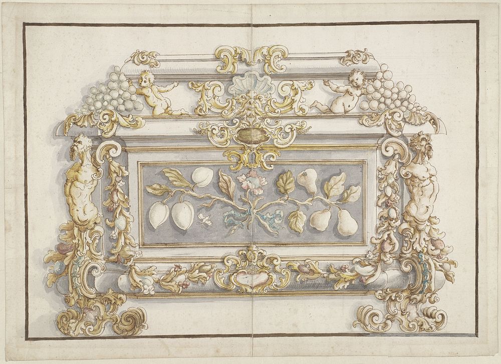 Ontwerp voor een met pietre dure panelen ingelegd met verguld brons gemonteerd kistje (1710 - 1725) by Giovanni Battista…