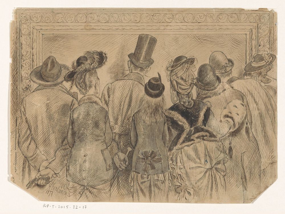 Acht mannen en vrouwen voor een winkelruit, op de rug gezien (1877) by Adam Adolf Oberländer