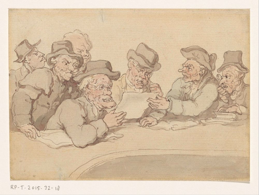 Mannen rond een tafel bekijken een prent of tekening (c. 1775 - c. 1825) by anonymous